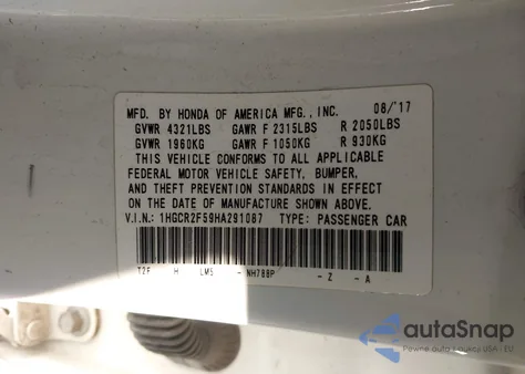 2017 Honda Accord Sport из США, поврежденный, VIN 1HGCR2F59HA291087